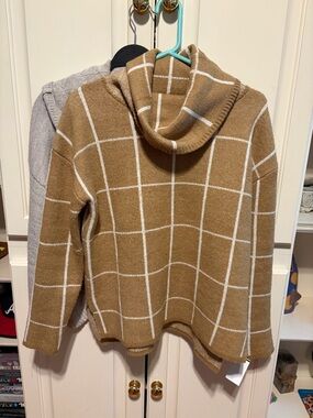 Camel Windowpane Turtleneck Sweater with White Grid